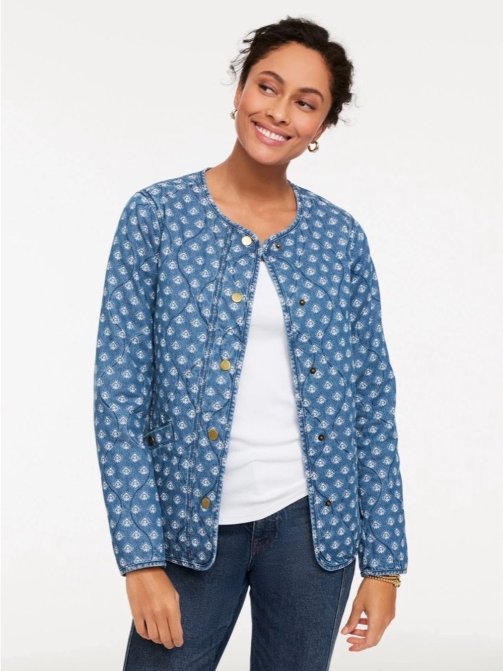 Talbots NWT 2X Quilted Denim Jacket Ikat Medallion Chambray Cottagecore Boho